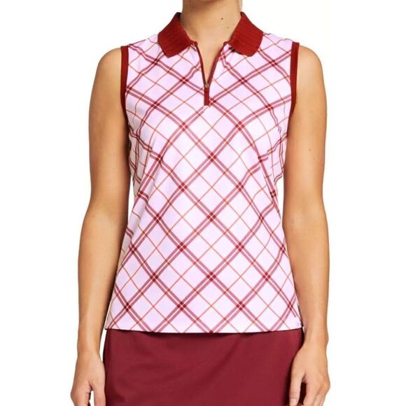 Lady Hagen Sleeveless Polo Size Large Bias Clubhouse Plaid Pink NEW - Picture 1 of 6